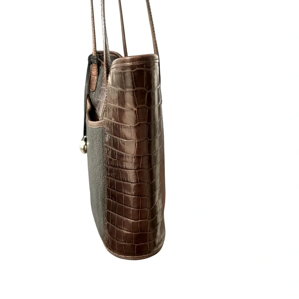 Brighton Black Leather‎ Brown Croc Embossed Silver Bead Two Handle Shoulder Bag